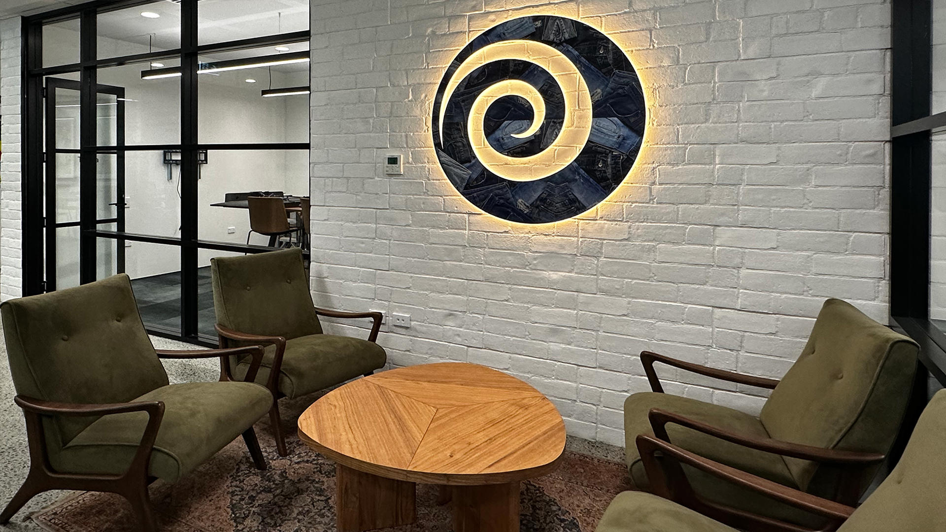 Lounge area with faux white brick